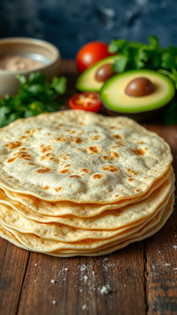 A stack of homemade tortillas on a wooden table with fresh ingredients for tacos.